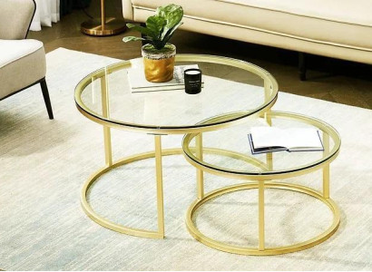 Coffee tables 2 parts Glass table top Metal gold-colored legs Living room furniture